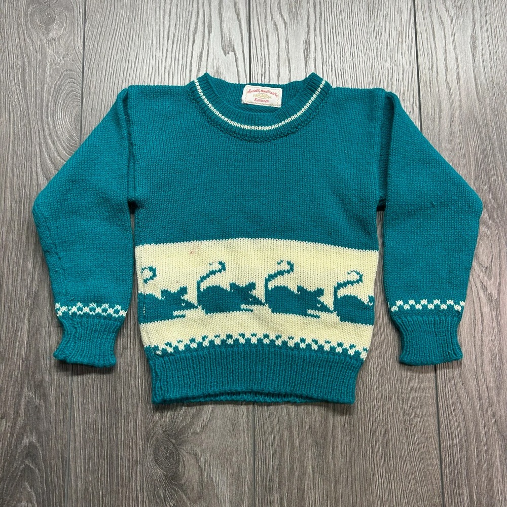 Vintage Handmade Kids Teal Mouse Knit Sweater Size Small Pullover Crew Neck